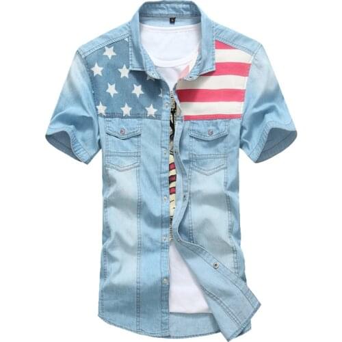 Men New summer American Flag Blue Jeans Shirts Fashion Male Patchwork Casual Washed Short sleeve Denim Shirt Homme camisa