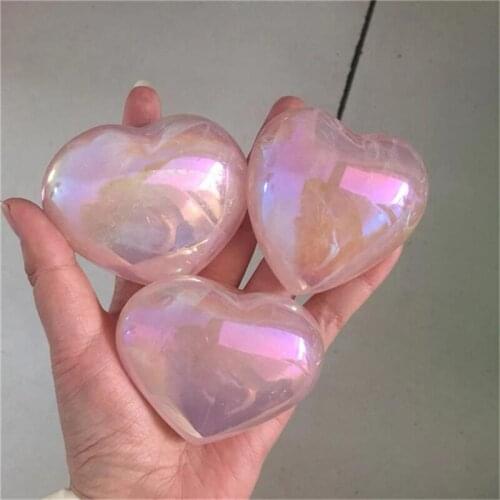 Natural gemstone aura angel rose quartz heart shaped crystal palm stone