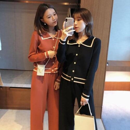 New Arrival Autumn Winter Knitted Two Piece Set Casual Womens Pullovers Tops and Wide-Leg Pants Suits High Quality Y475