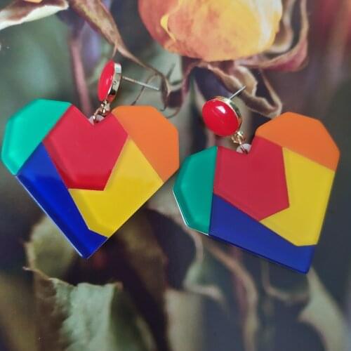 2021 New Design Geometric Colorful Jigsaw Puzzle Popular Heart Post Drop Earrings Lady`s Fashion Jewelry