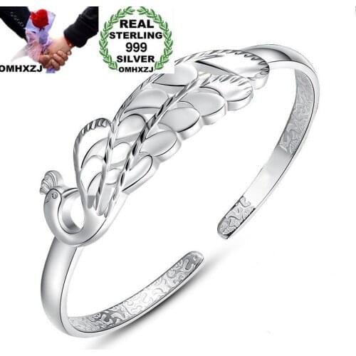 OMHXZJ Wholesale European Fashion Woman Girl Party Wedding Gift Peacock Open S999 Sterling Silver Cuff Bangle BA52