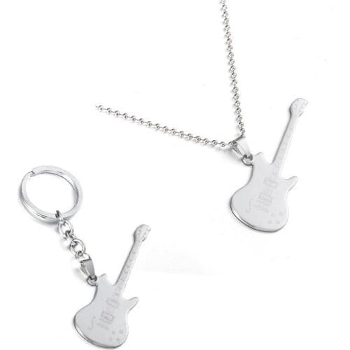 Punk Music Guitar Pendant Necklaces For Women Stainless Steel Laser Necklace&Pendants Fashion Rock Couple Keychain Men Jewelry