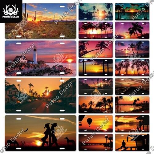 Putuo Decor The Setting Sun Licenses Plate Tin Sign Plaque Metal Decorative Car Plate for Living Room Door Seaside Wall Decor