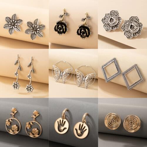 Tocona New Trendy Butterfly Flowers Drop Dangle Earrings for Women Charms Irregular Geometric Hollow Out Alloy Jewelry серьги