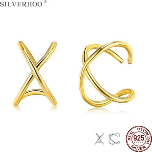 SILVERHOO 925 Sterling Silver Simple Ear Cuff Helix Cross Gold Color Clip Earrings For Women Rock Punk Slim Cuff Earring Jewelry