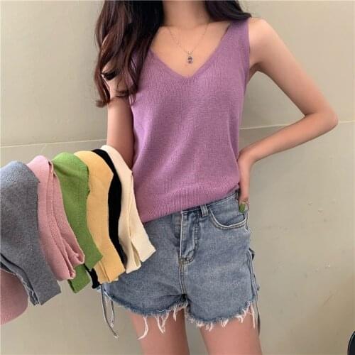 Sexy Tank Tops Fashion Women Top Knitted Solid Knitting Women Clothing 2021 Summer V-neck Candy Color Ice Silk Tops Inside 13942