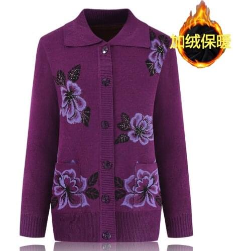 Women Autumn Winter Mothers Outerwear Long Sleeve Button Flower Printing Knitted Sweater Cardigan Plus Size Thick Warm Lapel Top