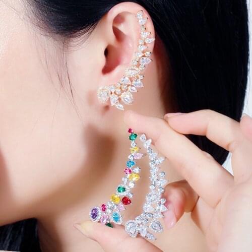 CWWZircons Chic Cubic Zircon 585 Gold Color Long Asymmetrical Ear Climber Clamp Stud Earrings for Women Punk Rock Jewelry CZ725
