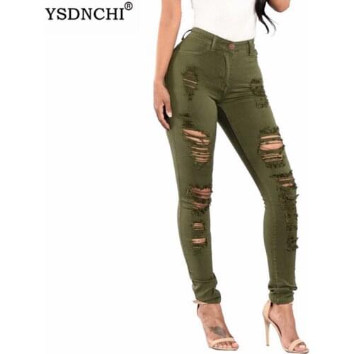 YSDNCHI Women Ripped Jeans Skinny High Waist Denim Army Green Pencil Pants Stretch Sexy Jeans Black Trousers Slim Laides Spring