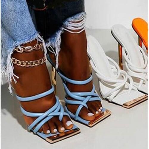 2021 Metal Square Toe Thin Strap Woman Slippers Gold High Heel Roman Sandals Luxury Slip On Mules Slingback Wedding Party Shoes