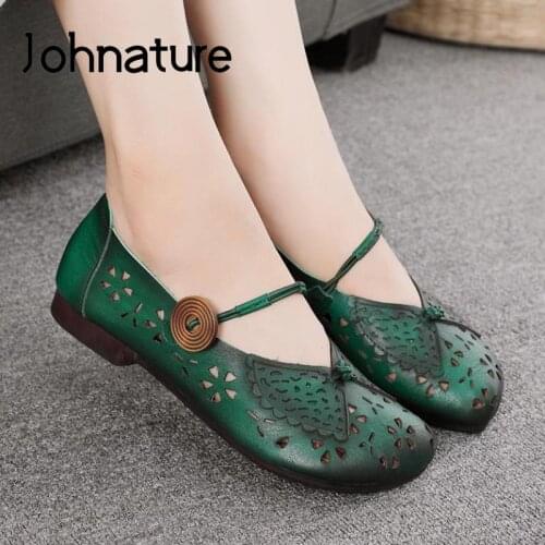 Johnature Flats Women Shoes Genuine Leather Buckle Strap 2021 New Round Toe Shallow Handmade Concise Hollow Leisure Ladies Shoes