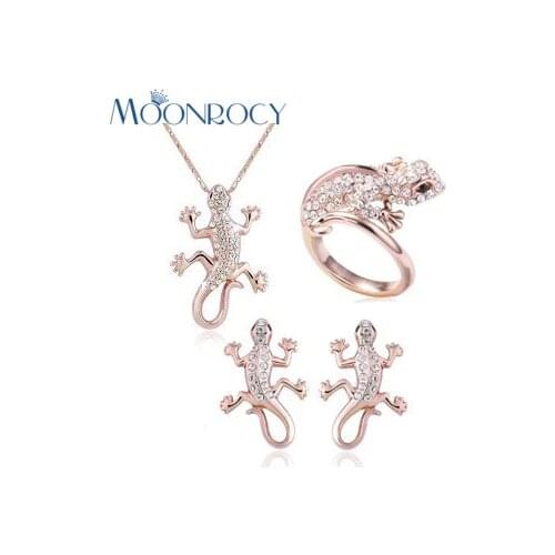 MOONROCY Free Shipping Rose Gold Color Crystal Necklace Earring and Ring Jewelry Set lizard gecko animal Jewelry for women Gift