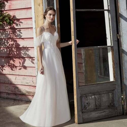 2021 Sexy V Neck Spaghetti Straps Short Sleeve Appliques Chiffon Boho Bridal Dress A Line Beach Wedding Dresses Custom Made