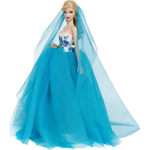 1 Set Blue Strapless Wedding Party Princess Dress Trailing Lace Gown with Veil Clothes for Barbie Doll Accessories Kids Toy