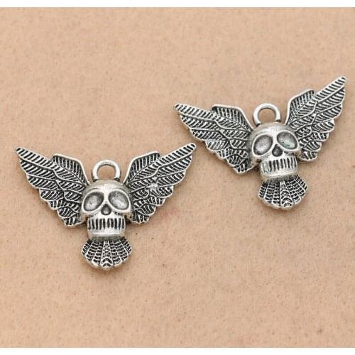 2pcs Tibetan Silver Tone Skull Wing Charms Pendants Jewelry Making Accessories Diy Craft Charm 28x13mm