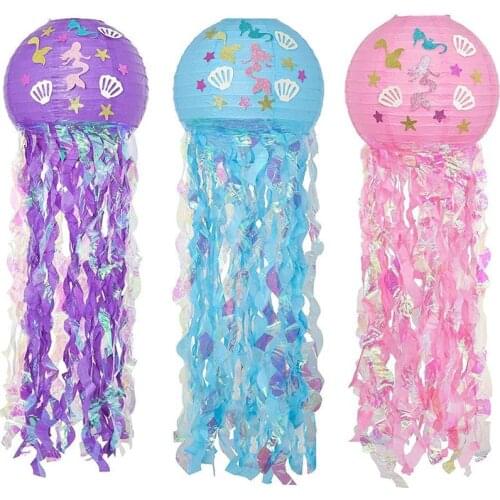 3 Pcs Jellyfish Paper Lanterns Mermaid Glitter Hanging Paper Lanterns for Birthday Baby Shower Wedding Event Party Decorations
