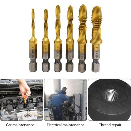 6pcs M3-M10 Hex Shank Titanium Plated HSS Screw Thread Metric Tap Drill Bits Screw Machine Compound Tap Hand Tools