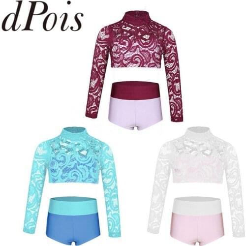 2 Pcs Kids Girls Long Sleeves Ballet Dance Outfit Mock Neck Criss Cross Crop Top with Briefs Set Gymnastic Performance Dancewear