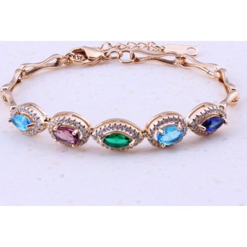 Brilliant Multicolor Crystal Stone Yellow Gold Color Charm Bracelets Women Wedding Party Trend Jewelry Free Gift Box B0017