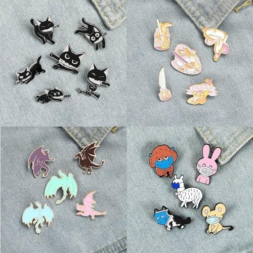 New Animal Brooch Enamel Lapel Pin Pterosaur black cat Rabbit dog mouse kitten Alpaca Dream painting brush Custom Badge Gifts