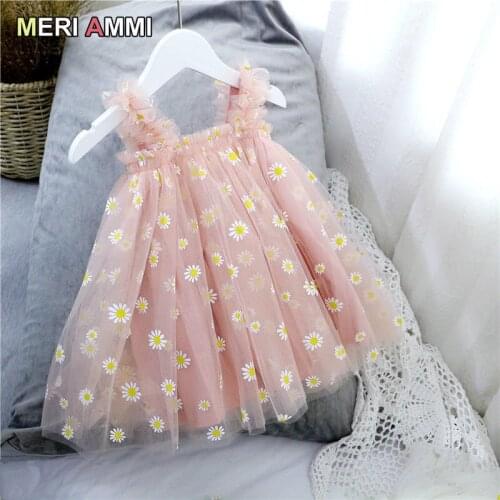 MERI AMMI Children Girl Clothing Sleeveless Floral Daisy Party Daily Knee Length Mesh Dress For 2-13 Year Kids