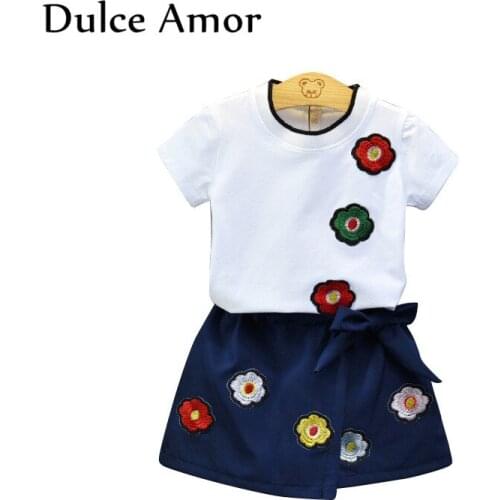 Dulce Amor Girls Clothing Suit Summer Short Sleeve Blouse Shirt + Bow-Knot Shorts Kids Embroidery Floral Clothes Children Sets
