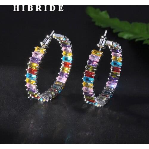 HIBRIDE New Elegant Colorful Cubic Zircon Hoop Earrings For Women Bridal Jewelry Big Circle Pendant Brincos Earring E-901