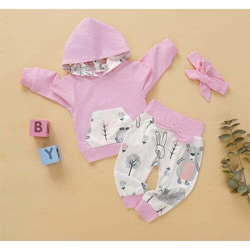 Girls Autumn Spring Clothing Set Cartoon Cute Rabbit Print Pink Sweatshirt Long Pants and Headband Sets