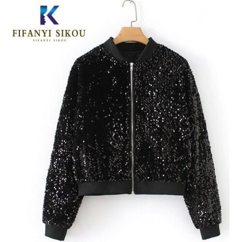 Black Sequins Jacket Women Short Coat Spring Autumn Fashion Loose Zipper Bomber Jacket Female Plus size Long sleeve Jackets