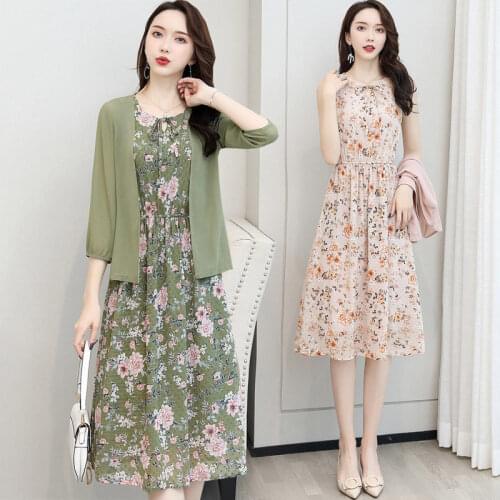 Summer Two-piece Suit Lace-up Floral Print O-Neck Midi A-Line Chiffon Dress Green Black Pink 2 Piece Sets Womens Outfits X25