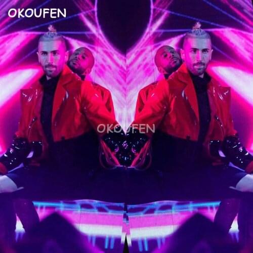 Fashion cool Mens Red show Coat patent leather tassel motorcycle leather jacket costume Nightclub bar male singer DS stage wear