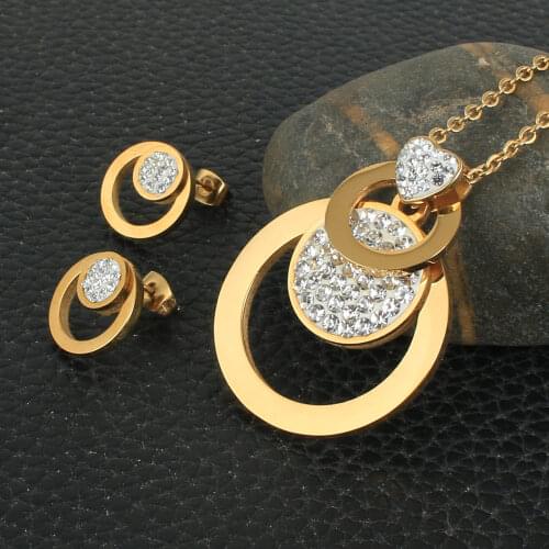 Round Fashion Stainless Steel Jewelry Sets For Women Gold Color Pendants And Earrings SEWZANCA