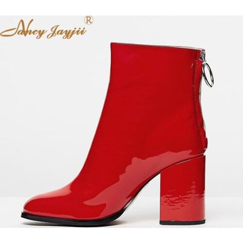 Red High Chunky Heels Round Toe Ankle Boots Woman Large Size 11 14 Soft Patent Leather Zipper For Woman Spring Fall Shoes 2019