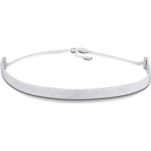 Genuine 925 Sterling Silver Reflexions Mesh Choker Necklaces for Women Fine Jewelry Gift Colgantes Chain 38CM Bijoux Femme