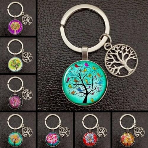 New Keychain Bird and Tree of Life Glass Convex Metal Key Ring Jewelry Daughters Birthday Gift for Tree of Life