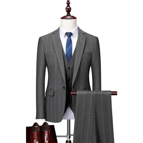 Striped slim-fit mens suit suitable for formal wedding tuxedo notched lapel 3 pieces of gray striped business groom men fashion