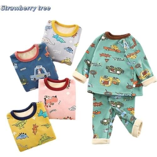 Autumn Winter Plus Velvet Kids Clothing Sets Baby Boys Girls Cartoon Warm 2PCS Baby Pajamas Thick Unisex Kids Clothing Sets