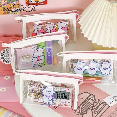 Cartoon Cute Transparent Pencil Case Large Capacity Female Simple High-value Japanese Triangle Cosmetic Bag Korean Stationery
