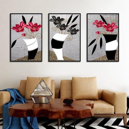 Nordic Style Embossed Red And Black Flowers Black And White Vase Wall Decoration Pictures Canvas Painting Poster For Living Room
