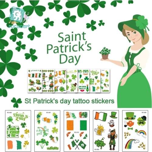 Rocooart Saint Patricks Day Tattoo Stickers Irish Party Fake Tattoo Gala Parade Temporary Tattoo Body Art Taty Clover Tatouage
