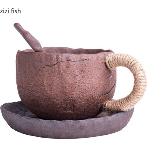 Vintage Handmade Ceramic Coffee Cup with Saucer Spoon Home Breakfast Mug Milk Tea Cup Art Gift Dining Table Home Decoration