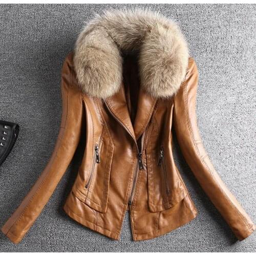 Plus size 3XL autumn winter new slim fur collar leather PU short jacket thick leather jacket women