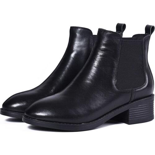 Osunlina Womans Chelsea Boots Round Toe 4cm High Heels Black Cow Leather Ankle Boots Handmade Quality Slip On Shoes For Lady