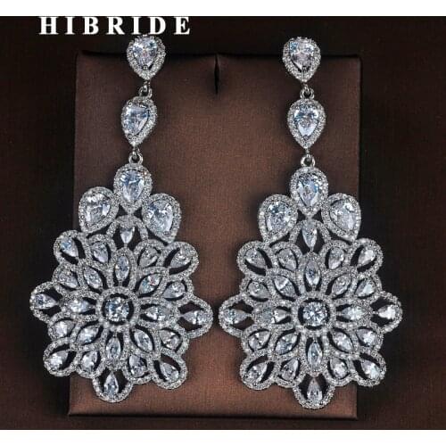 HIBRIDE Luxury Big Flower Design Women Bride Long Drop Earrings Fashion Jewelry Pendientes mujer moda Brinco Party Gifts E-722