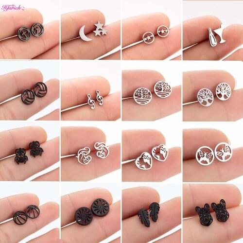 Vintage Round Geometric Plant Stud Earrings for Women Stainless Steel Jewelry World Map Small Earrings Boucle d'oreille Femme