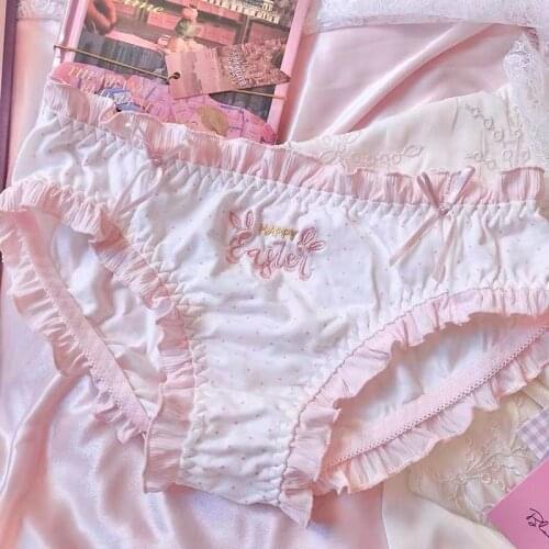 Women Thong Panties Briefs Blue Pink Kawaii Lingerie Seamless Cotton Thongs Ruffles Cartoon Cute Underwear Lolita Girl Panty New