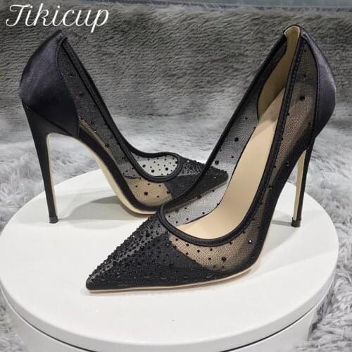 Tikicup Rhinestones Women Patchwork Black Satin Gauze Pointy Toe High Heel Party Shoes 8cm 10cm 12cm Elegant Stiletto Pumps