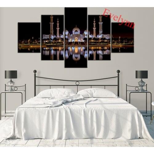 5 Pieces Poster Great Mosque of Abu Dhabi Reflection Wall Art Modern Canvas Hd Modular Pictures Home Decor Painting Frame Gifts