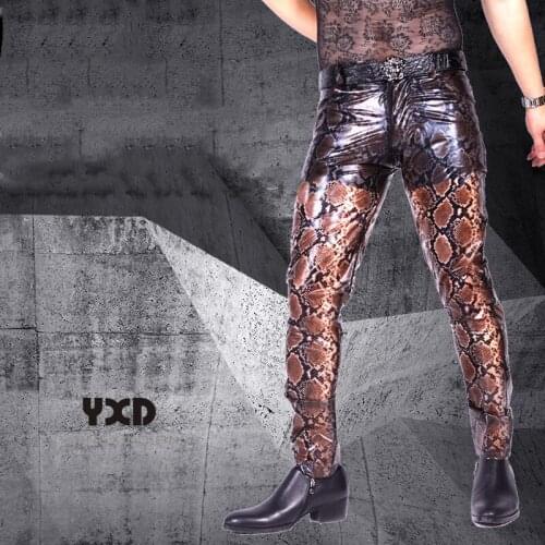 Mens Fashion Casual Stretch Straight Pants Male Convex Pouch Translucent Snake Printed PU Leather Pants Men Club Bar Trousers