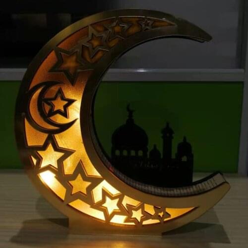 Wooden Eid Mubarak Ramadan Decoration Golden Moon Castle With LED Lights Table Decoration Crafts Girls Room
